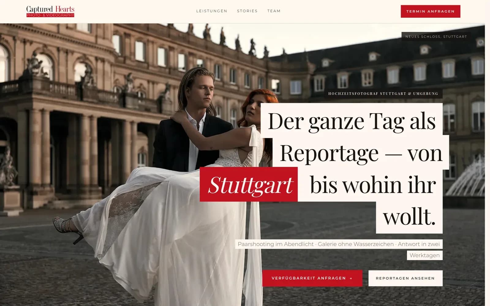 SEO-Landingpage Hochzeitsfotograf Stuttgart: Text auf eigenen Flaechen statt auf dem Foto